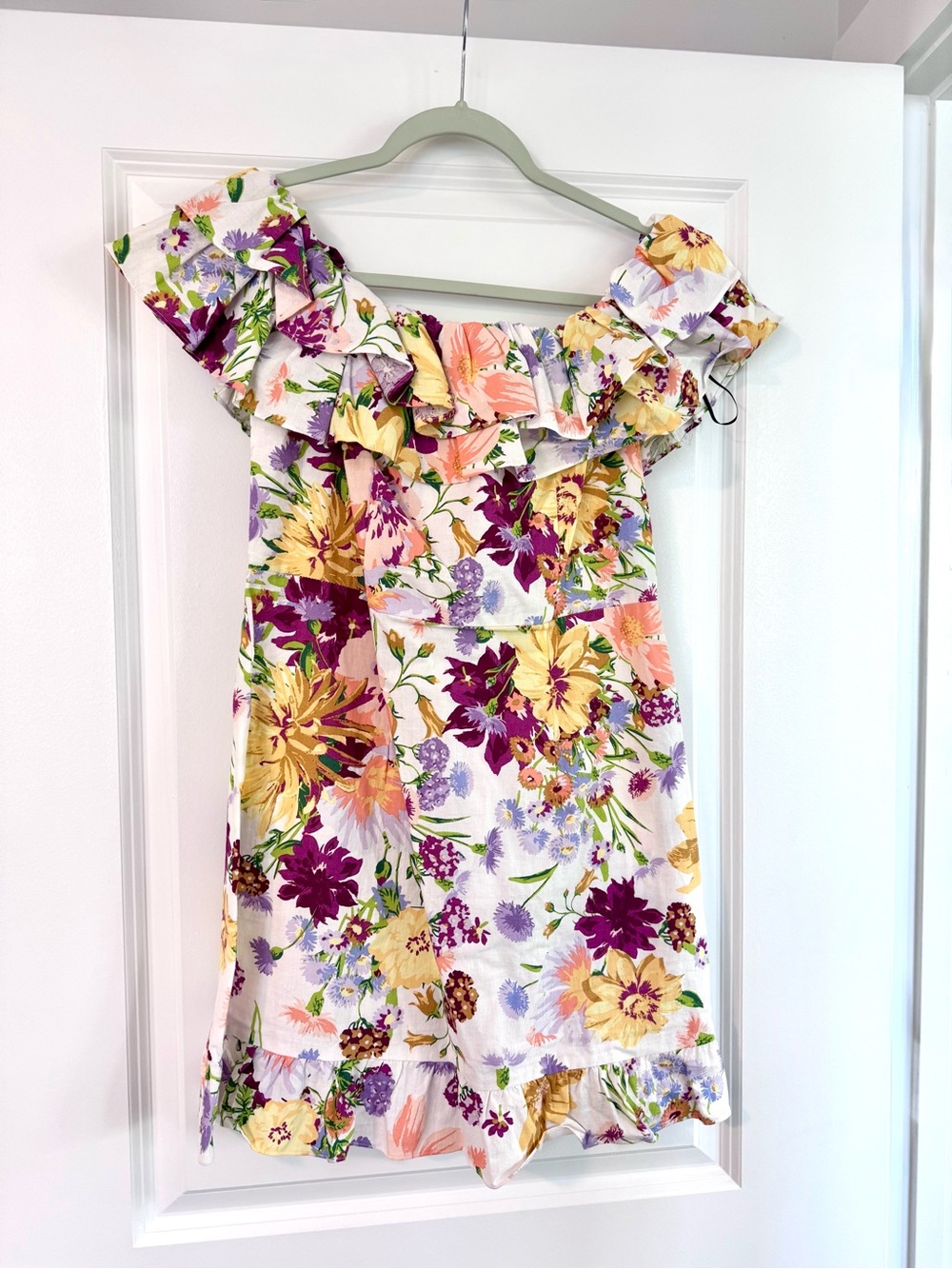 H&M Floral Ruffle Off-Shoulder Cotton-Linen Blend Mini Dress Size M